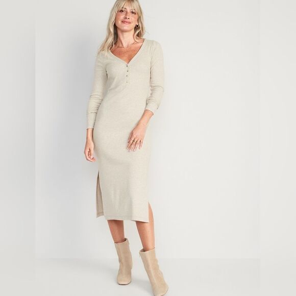 NWOT cream color Cotton rib knit v neck Henley dress size L - Picture 1 of 6